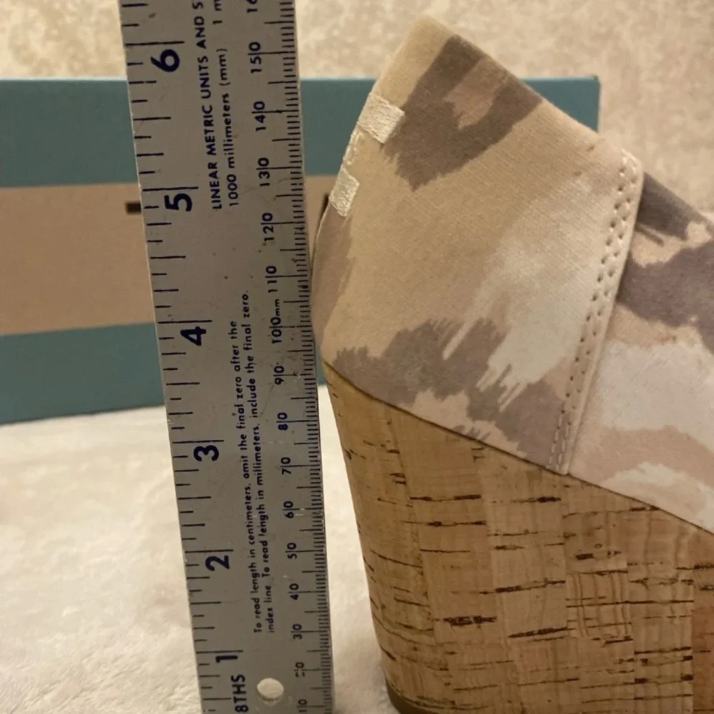 TOMS Beige Camouflage Cork Wedge Peep Toe